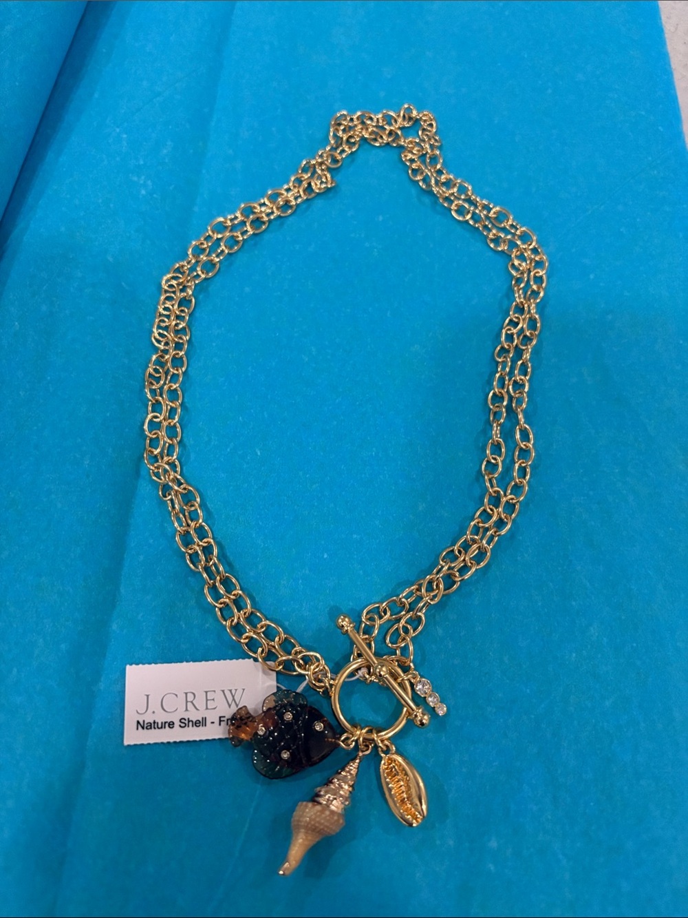 J. Crew Gold Double-Chain Necklace with Shell and Black Bead Accents
